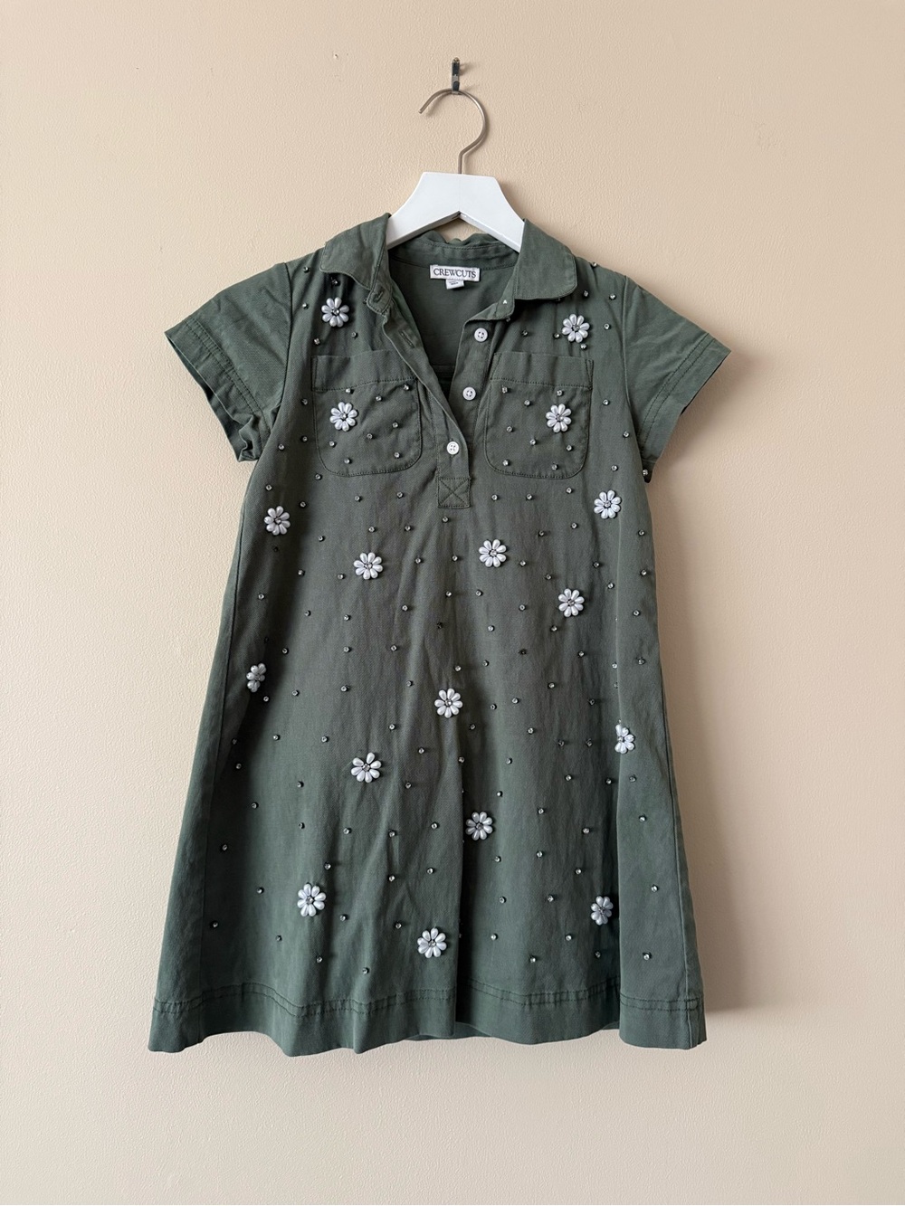 Crewcuts Girls Size 7 Green Collared Shirt Dress Floral Embellished
